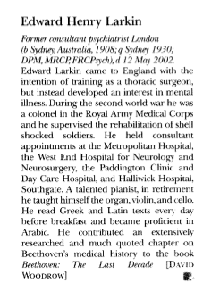 Obituary of Edward Larkin - Woodrow, David. British Medical Journal, International edition325.7371 (Nov 2, 2002): 1041